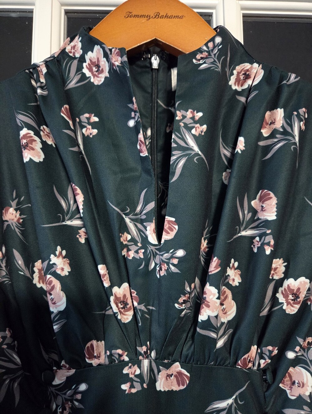 Unique Vintage Dark Green Floral Midi Dress - Picture 5 of 6